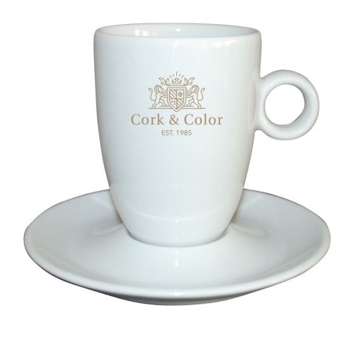 Witte porseleinen Bola cappuccino set 25 cl. met 1-kleurig CorkColor-logo op de voorzijde.