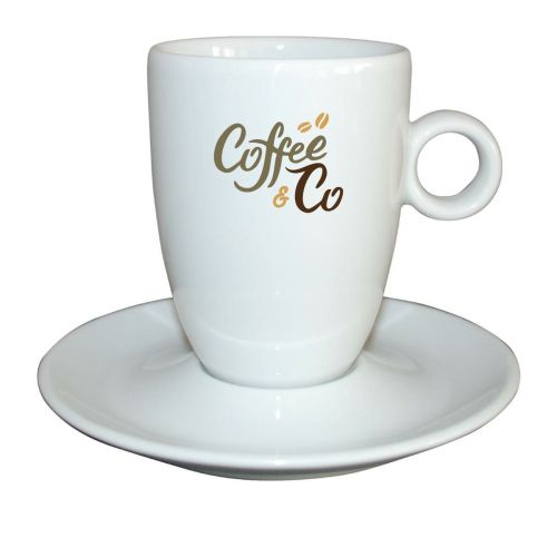 Bola Cappuccino hoog wit 25 cl. SET met meerkleurig CoffeeCo-logo, zichtbaar op het witte vooraanzicht.