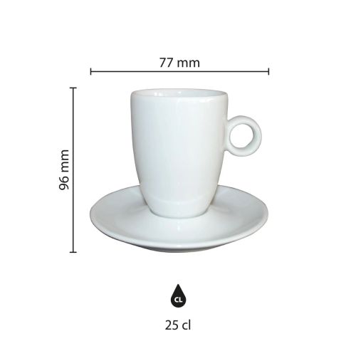 Infographic met hoogte- en diameterafmetingen van de Bola Cappuccino hoog wit 25 cl. SET