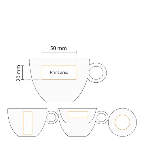 Technische werktekening van porseleinen Bola Cappuccino kop 20 cl met gemarkeerd drukgebied voor logo.