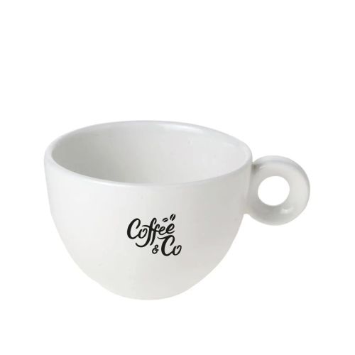 Witte porseleinen cappuccino kop van 20 cl met zwart CoffeeCo-logo in één kleur op de voorzijde bedrukt.