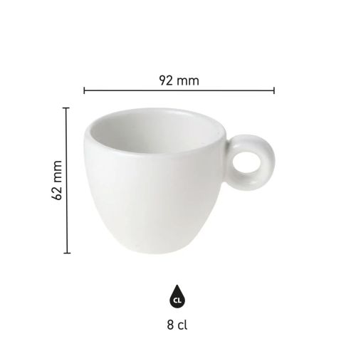 Gedetailleerde afmetingsoverzicht van Bola Cappuccino kop 20 cl van porselein in infographic stijl.
