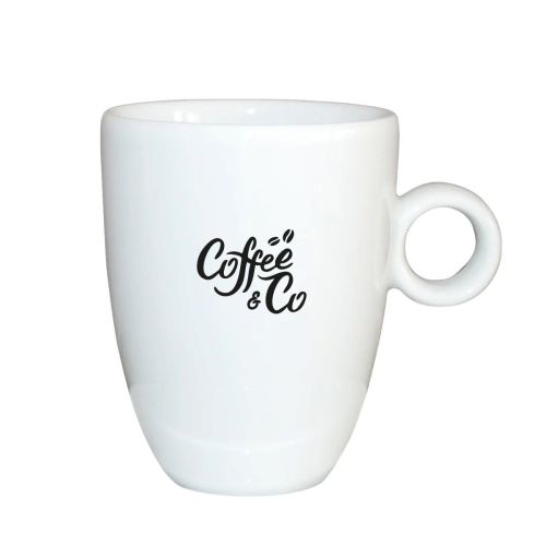 Porseleinen Bola Cappuccino kop hoog wit 25 cl .wit met éénkleurig CoffeeCo-logo op de voorzijde aangebracht.
