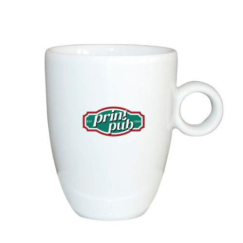 Voorzijde van Bola Cappuccino kop 25 cl met PrintPub-logo in meerdere kleuren op glad wit porselein.