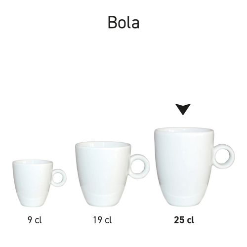 Verschillende witte Bola Cappuccino koppen in serie opgesteld voor productoverzicht.