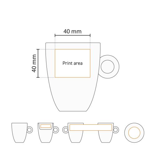 Drukgebied en bedrukkingstechniek voor Bola cappuccinokop 25 cl. hoog wit in werktekening.