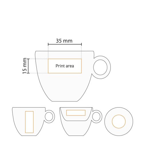 Technische werktekening van het drukgebied op de Bola espresso 8 cl. set van porselein.