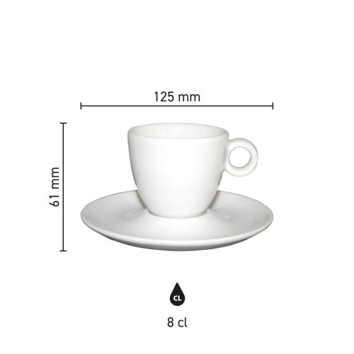 Infographic met maatvoering van Bola espressokopje 8 cl., porselein, inclusief inhoud.