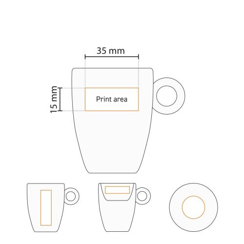 Technische werktekening met drukgebied voor bedrukking op de Bola espresso 9 cl. set.