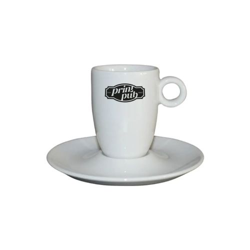 PrintPub-logo in één kleur op de voorzijde van het Bola espresso 9 cl. set, wit porselein.