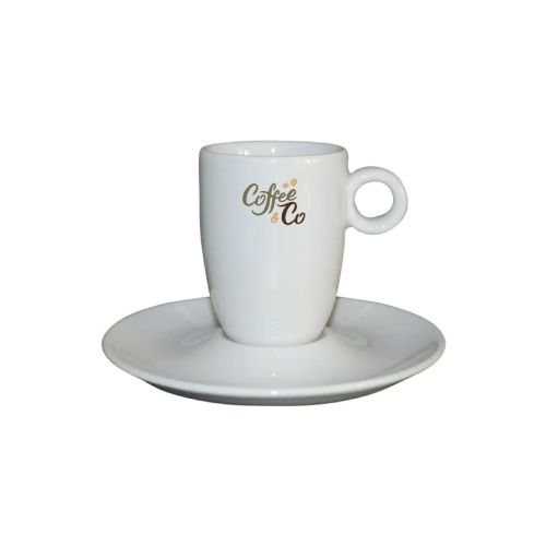 Meerkleurige opdruk van CoffeeCo-logo op de porseleinen espresso 9 cl.set