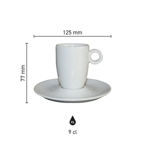 Infographic met productafmetingen van de Bola espresso hoog wit 9 cl. set, met hoogte en inhoud.