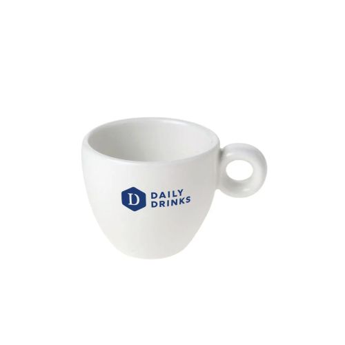 Porseleinen Bola espresso kop 8 cl met blauw Dailydrinks-logo in één kleur zichtbaar op de voorzijde.