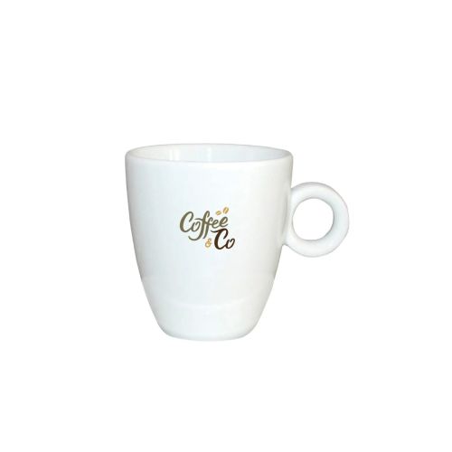 Porseleinen espresso kop 9 cl. met meerkleurig CoffeeCo-logo zichtbaar aan de voorzijde van de kop.