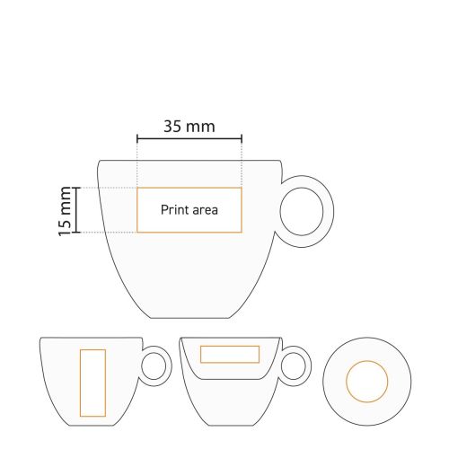 Drukgebied van Bola Espresso kop 9 cl. porselein weergegeven in werktekening voor bedrukking.