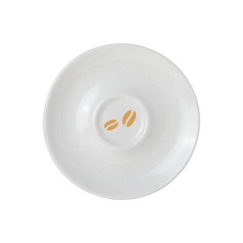 Eénkleurige bedrukking van CoffeeCo-logo op porseleinen espressoschotel 12,5 cm.