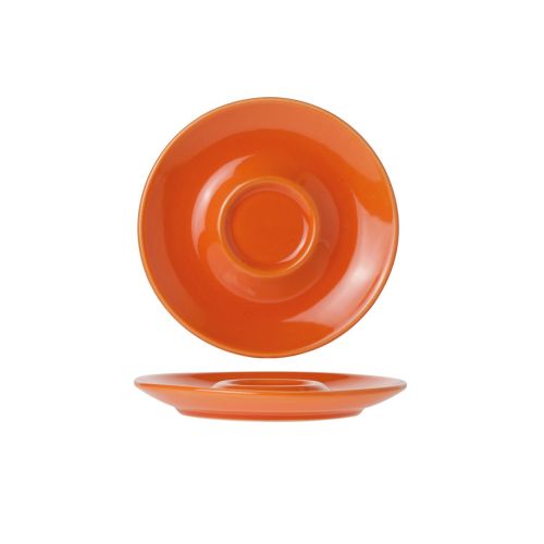 Frontale weergave van Bola espressoschotel 12,5 cm in oranje porselein met gladde afwerking.