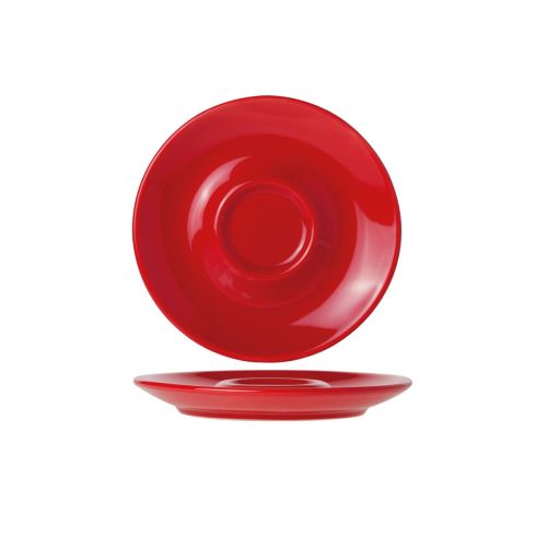 Frontale weergave van Bola espressoschotel 12,5 cm in rood porselein met gladde afwerking.