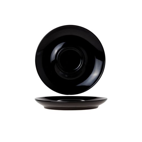 Frontale weergave van Bola espressoschotel 12,5 cm in zwart porselein met gladde afwerking.