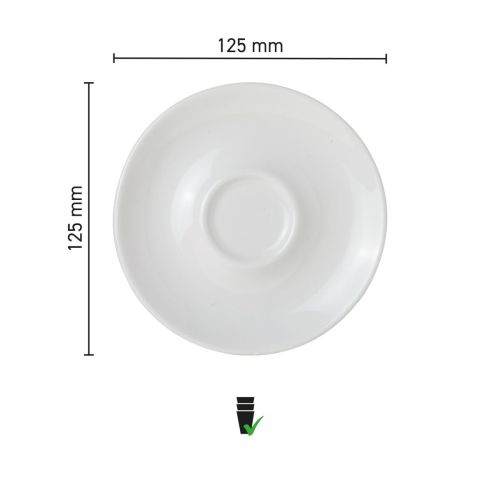 Infographic met productafmetingen van Bola espressoschotel 12,5 cm, met diameter en hoogte.