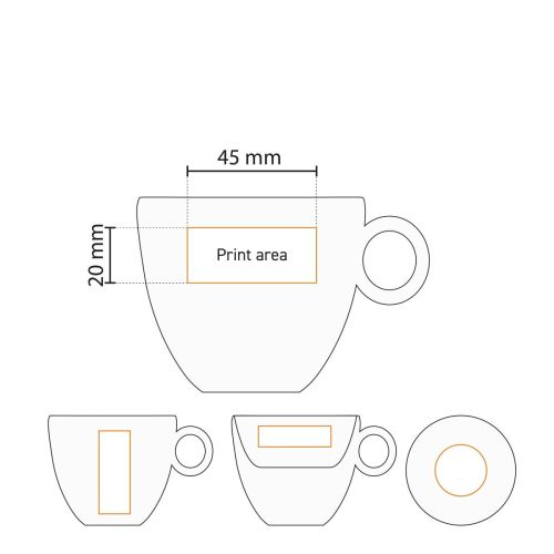 Technische werktekening met drukgebied op Bola koffiekopje 15 cl. van porselein.