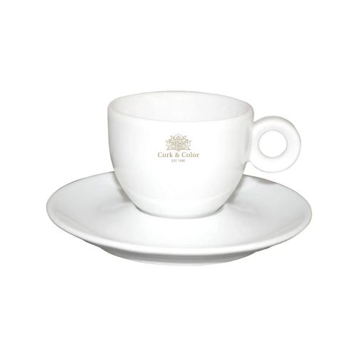 Bola koffie wit 15 cl. set met éénkleurig CorkColor-logo op voorzijde van het porselein.