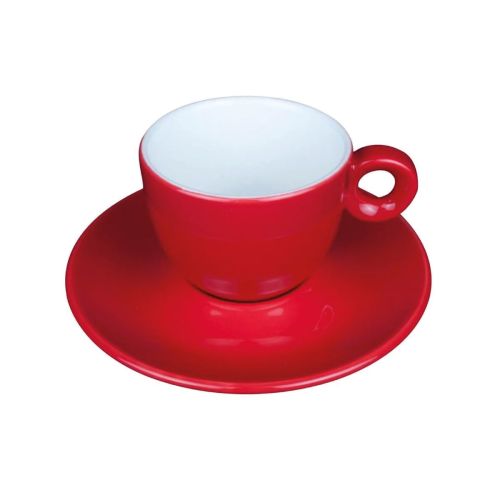 Vooraanzicht van Bola koffie 15 cl. set in rood-wit porselein, met bolle vorm en glad oppervlak.