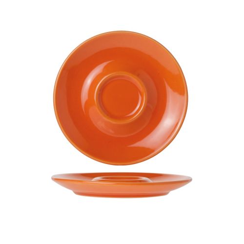 Vooraanzicht van de Bola cappuccinoschotel 14,5 cm van oranje porselein met brede rand.