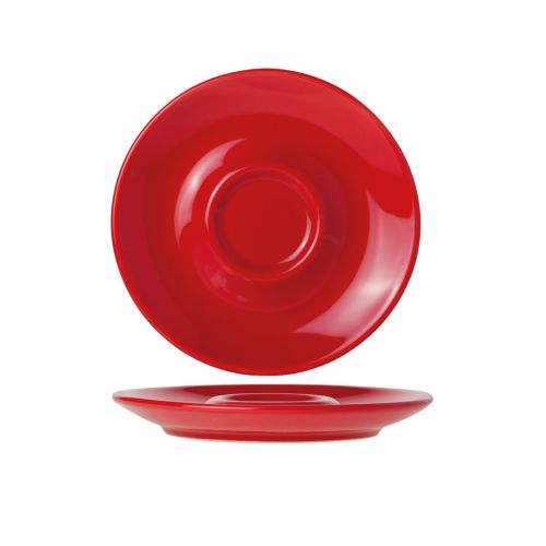 Vooraanzicht van de Bola cappuccinoschotel 14,5 cm van rood porselein met brede rand.