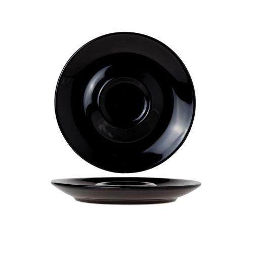 Vooraanzicht van de Bola cappuccinoschotel 14,5 cm van zwart porselein met brede rand.