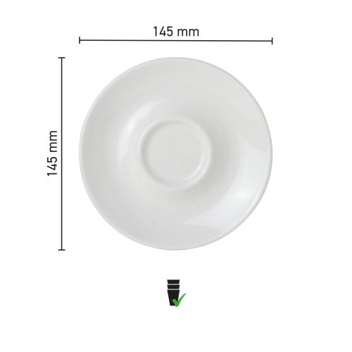 Infographic met afmetingen van de Bola cappuccinoschotel 14,5 cm, diameter centraal.