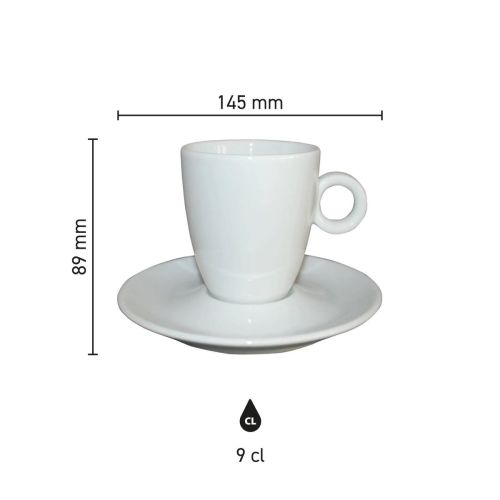 Infographic met productafmetingen van de Bola koffie hoog wit 19 cl., inclusief hoogte en inhoud.
