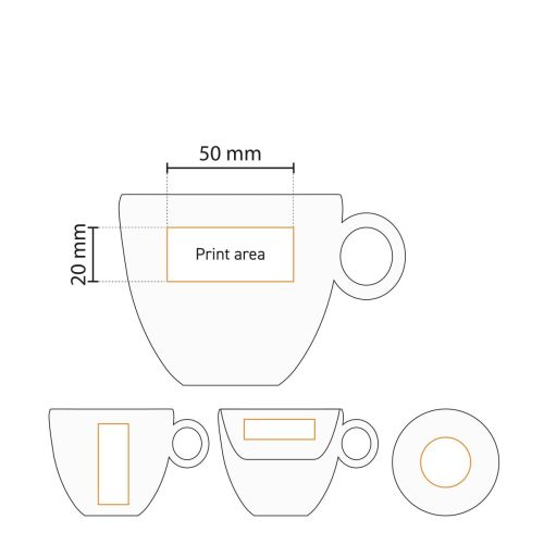 Drukgebied en bedrukkingsposities weergegeven op werktekening van Bola koffiekop 15 cl.