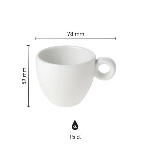 Afbeelding toont afmetingen van Bola koffiekop 15 cl porselein in overzichtelijke infographic.