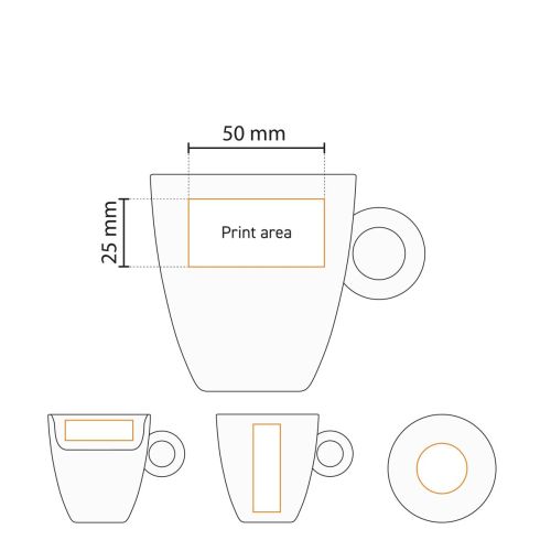 Drukgebied weergegeven op werktekening van Bola Koffie kop hoog wit 19 cl. porselein voor personalisatie.