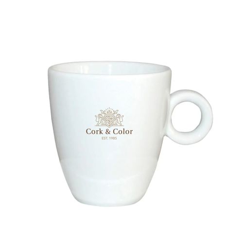 Voorzijde van porseleinen koffie kop 19 cl. met CorkColor-logo in meerdere kleuren opdruk.