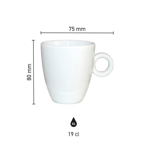 Gedetailleerde productafmetingen van Bola Koffie kop 19 cl. porselein in overzichtelijke infographic.