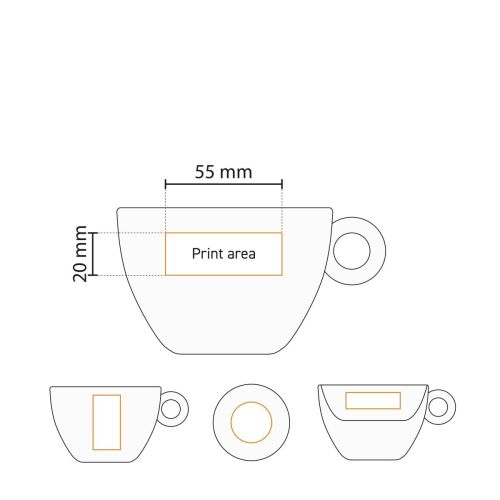 Technische werktekening met drukgebied van de Bola koffie verkeerd kop 28 cl., wit porselein.