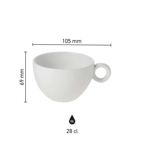 Infographic met productafmetingen van de Bola koffie verkeerd kop 28 cl., porselein.