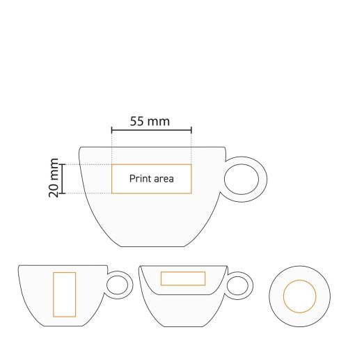 Technische werktekening met drukgebied voor bedrukking op Bola koffie verkeerd wit 28 cl. in porseleinen set