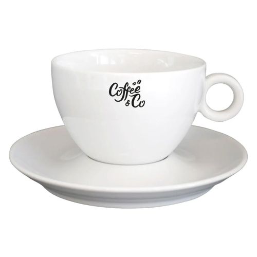 Eénkleurige logo-opdruk van CoffeeCo op de voorzijde van de Bola koffie verkeerd kop 28 cl.