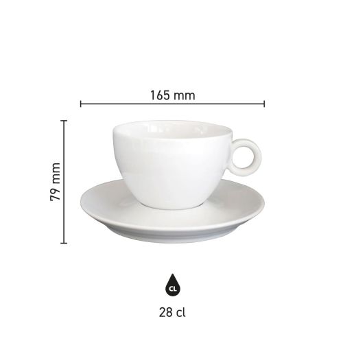 Infographic met hoogte, inhoud en diameter van de Bola koffie verkeerd kop 28 cl. porselein.