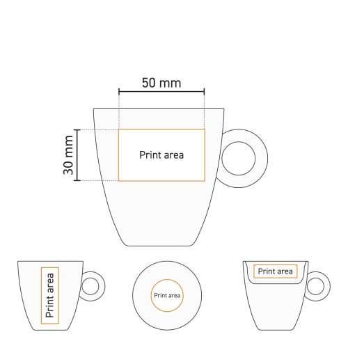 Technische werktekening toont drukgebied voor logo op Bola mok 19 cl. porselein.