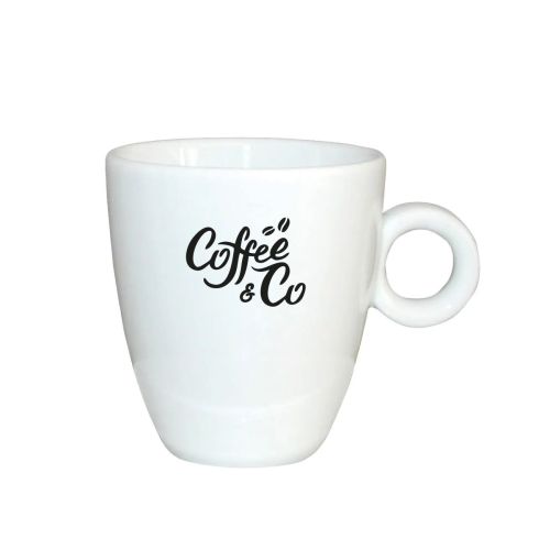Porseleinen koffiemok Bola 19 cl. met vooraanzicht van logo in één kleur van CoffeeCo.