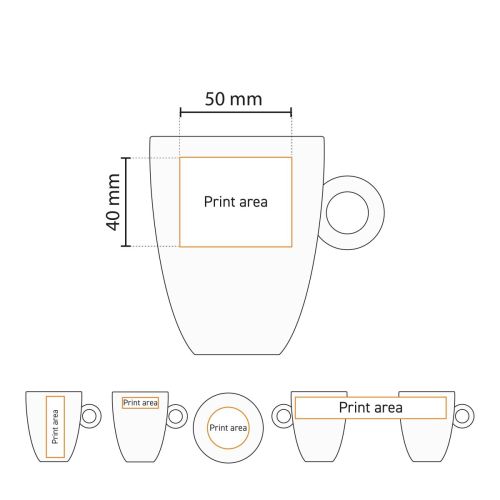 Drukgebied op werktekening van Bola mok 25 cl. porselein duidelijk gemarkeerd.