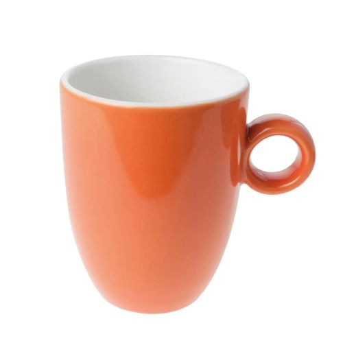 Frontaal zicht op oranje-witte Bola mok van porselein, 25 cl. zonder decoratie.