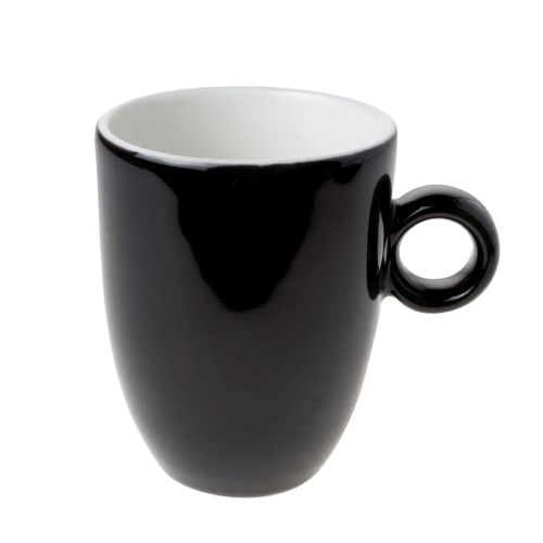 Frontaal zicht op zwart-witte Bola mok van porselein, 25 cl. zonder decoratie.