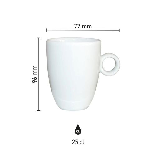 Infographic van porseleinen Bola mok 25 cl. met maatvoeringen.