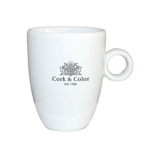Porseleinen Bola mok 25 cl. met zwart logo van CorkColor op het vooraanzicht.