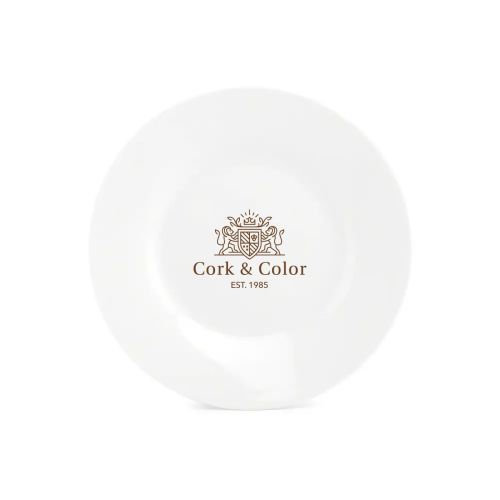 Bord Basic 15 cm porselein met CorkColor-logo in één kleur gecentreerd op het vooraanzicht.